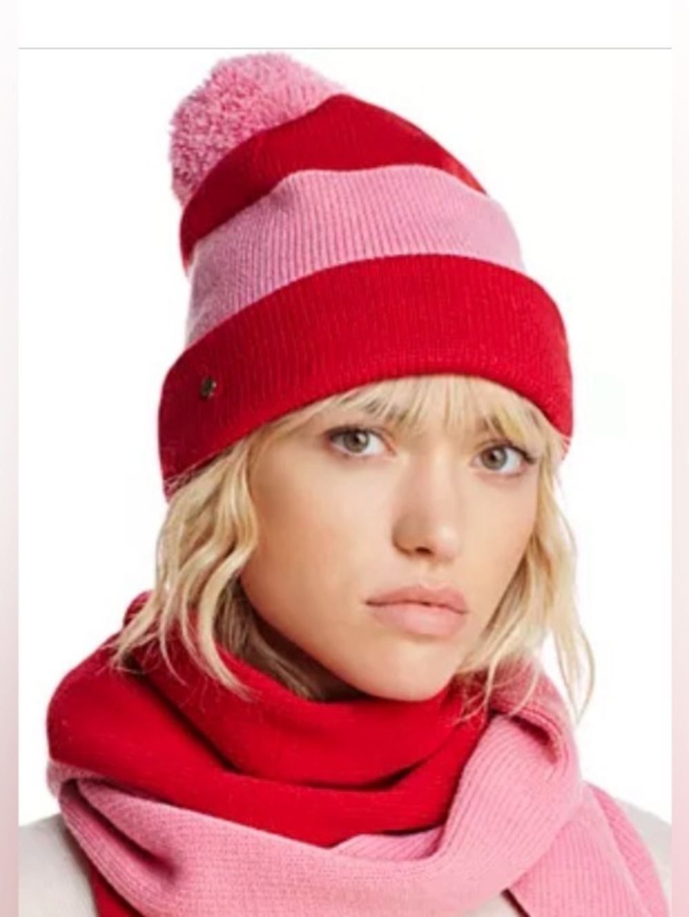 KATE SPADE Color Block Pom-Pom Beanie Pink\Red w Gold Metal Spade ♠️ Charm NWT